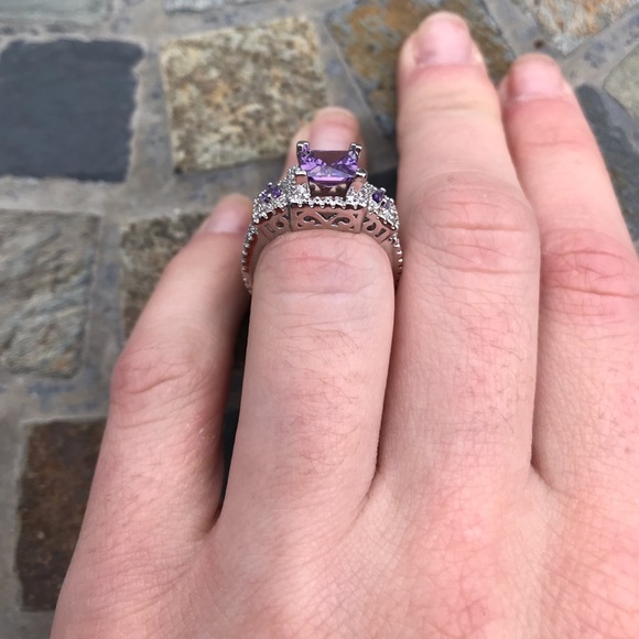 Purple Princess Cut Halo Silver Engagement Ring - Picture 3 of 6